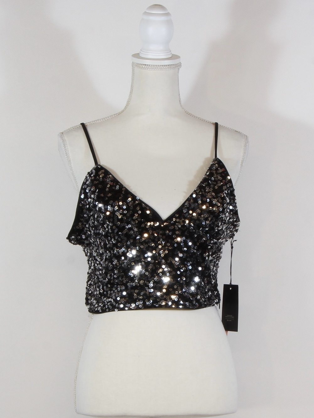 Iris Black Sequin V-Neck Cropped Cami NWT